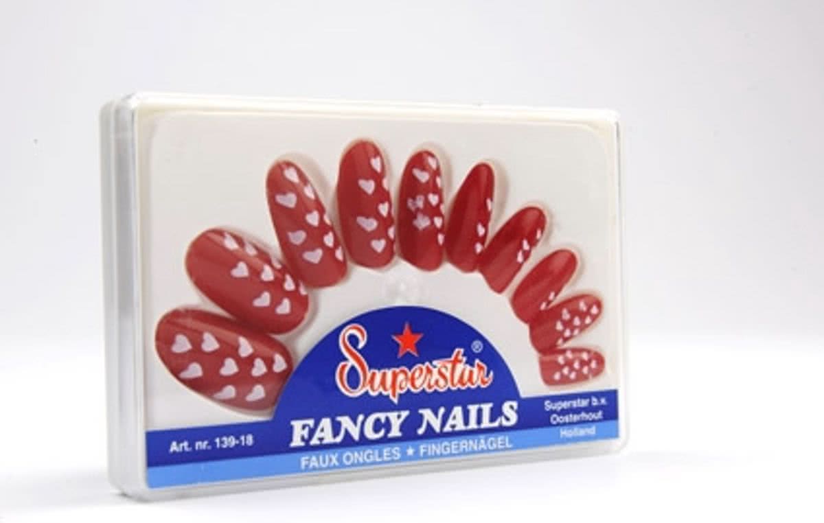 Set van 20 rode plaknagels met witte hartjes | Nepnagels